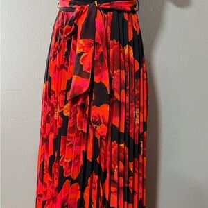 Premier Black Pleated Maxi dress with Red and Orange Floral Print